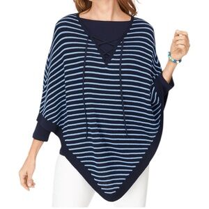 Talbots Women’s Knit Navy and White Stripe Lace Up‎ Poncho Sz M